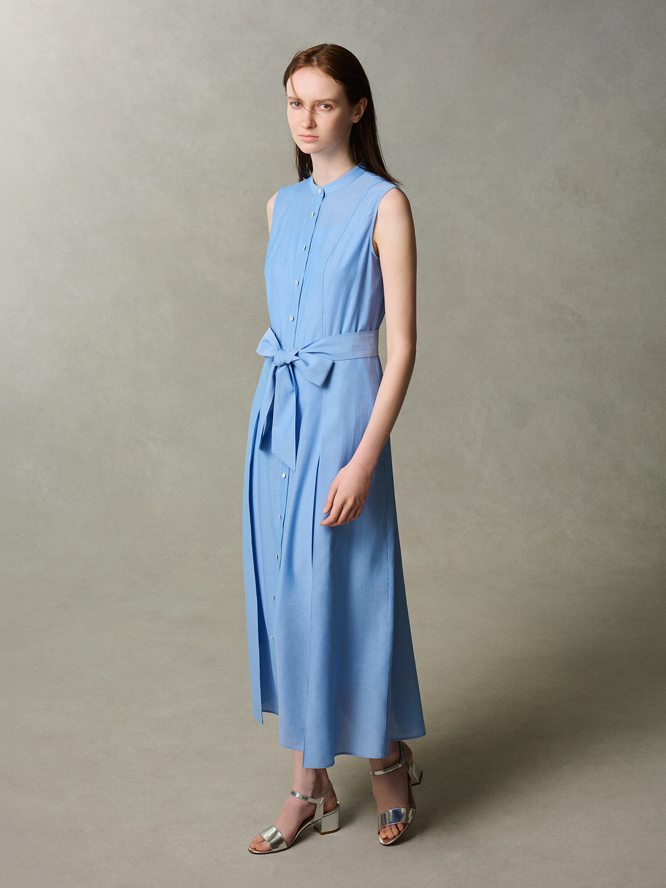 ウエストリボンバンドカラーシャツワンピース