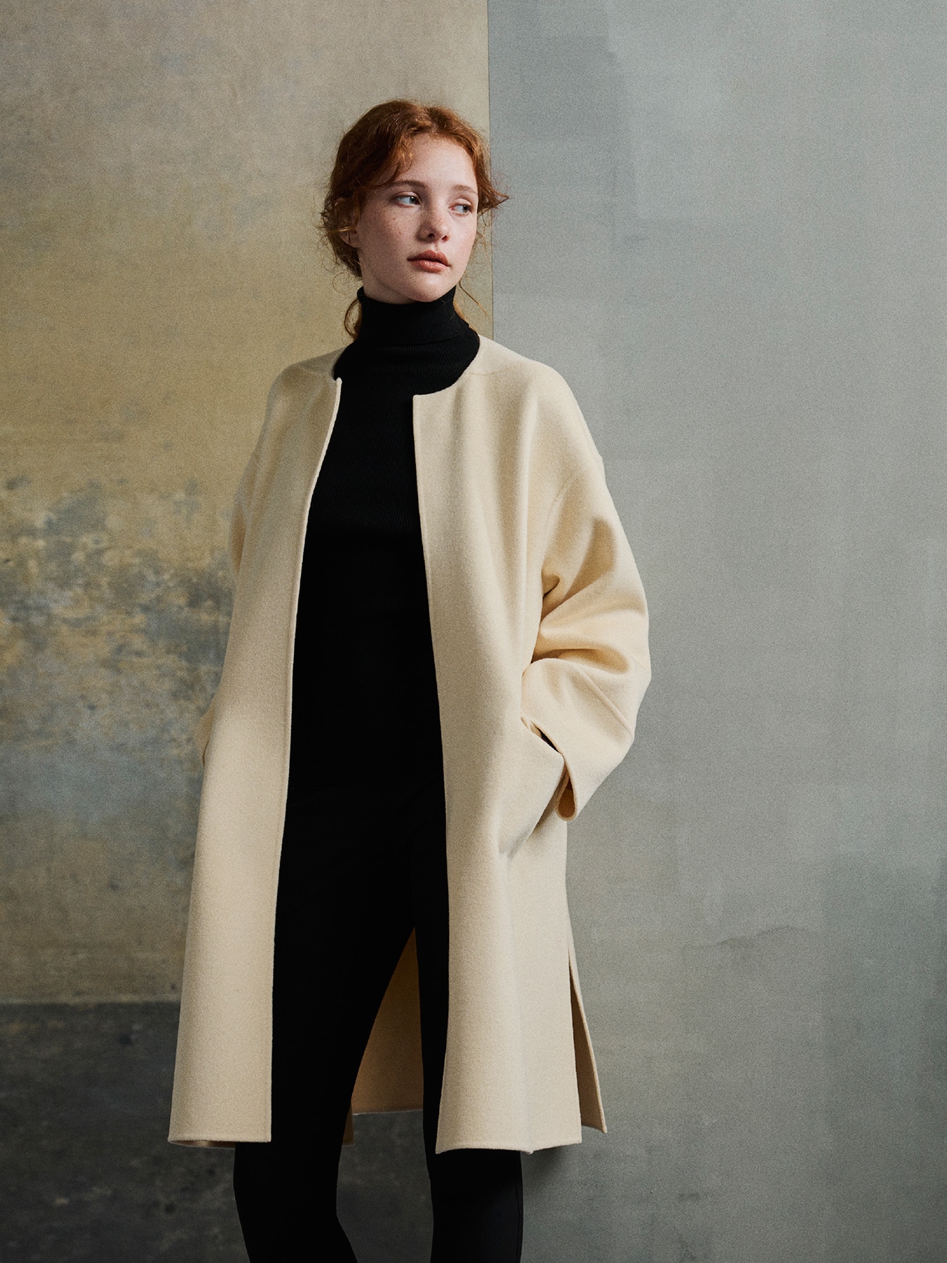 ウールリバーポケットノーカラーロングコート