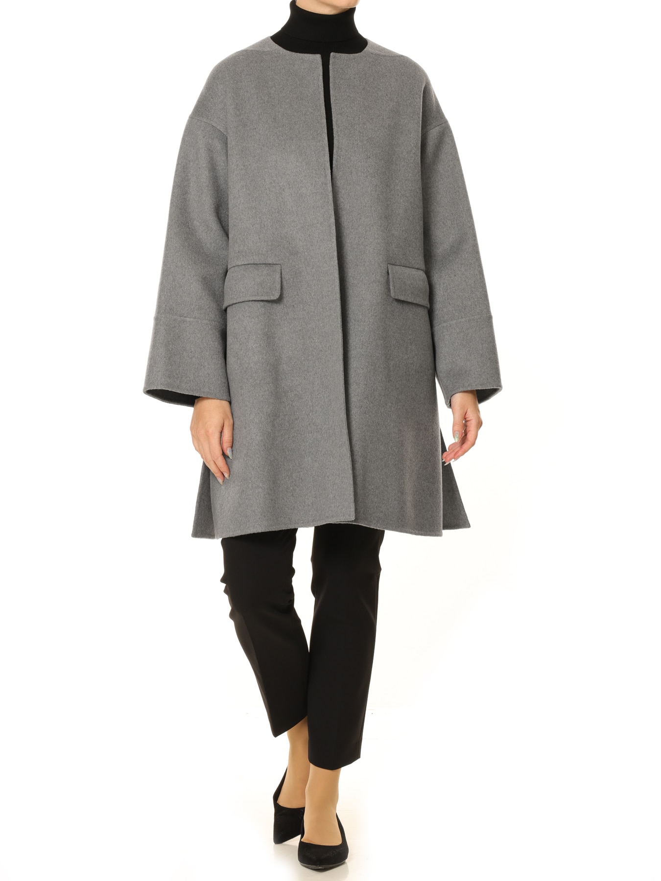 ウールリバーポケットノーカラーロングコート
