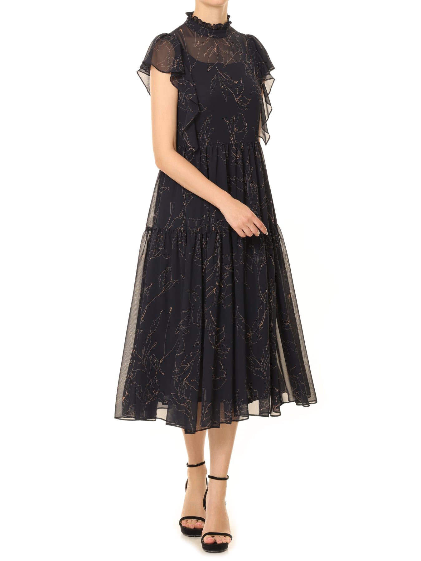 シフォンフラワーパターンフリルワンピース