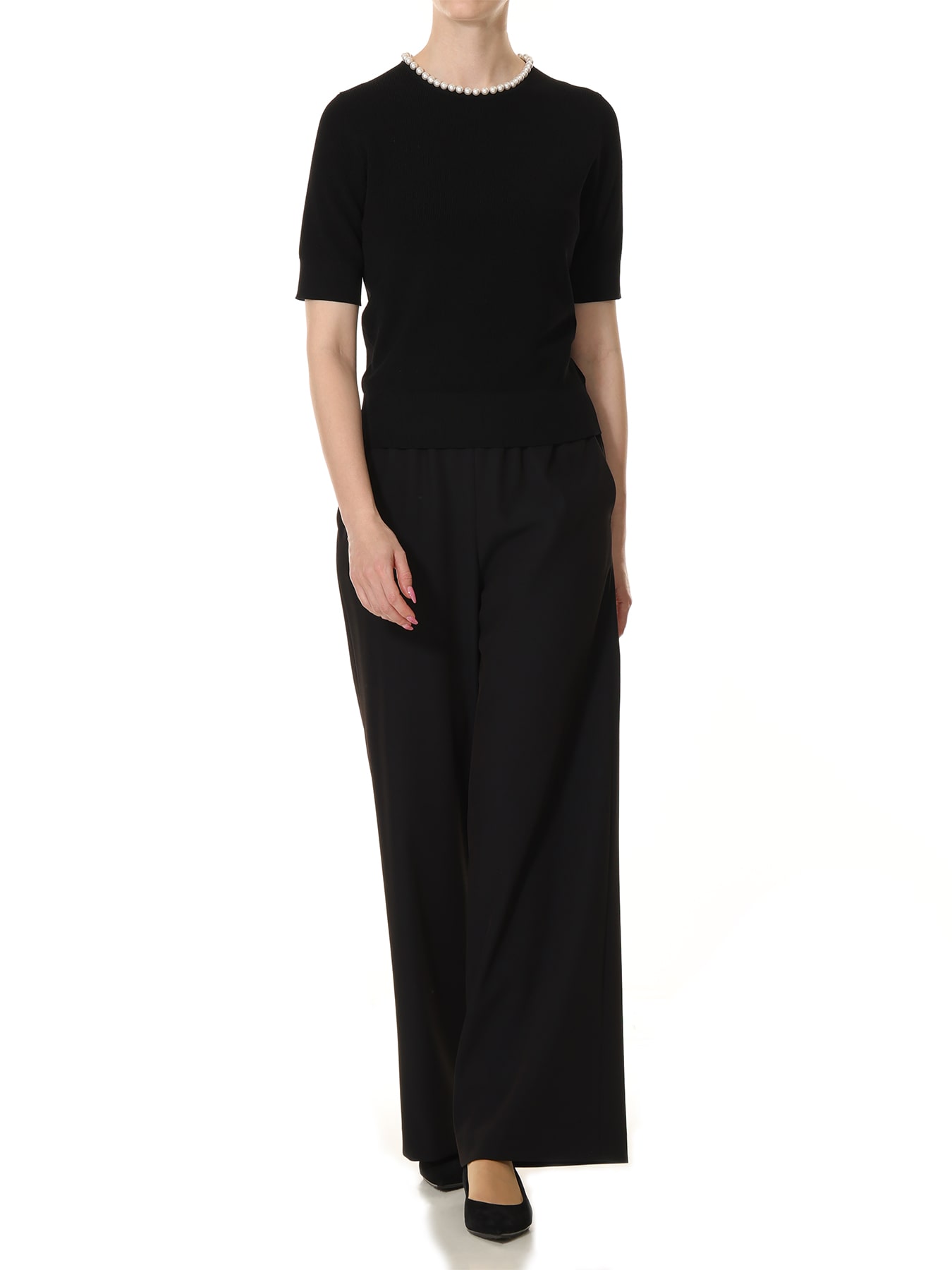 パールネックライン半袖ニットプルオーバー