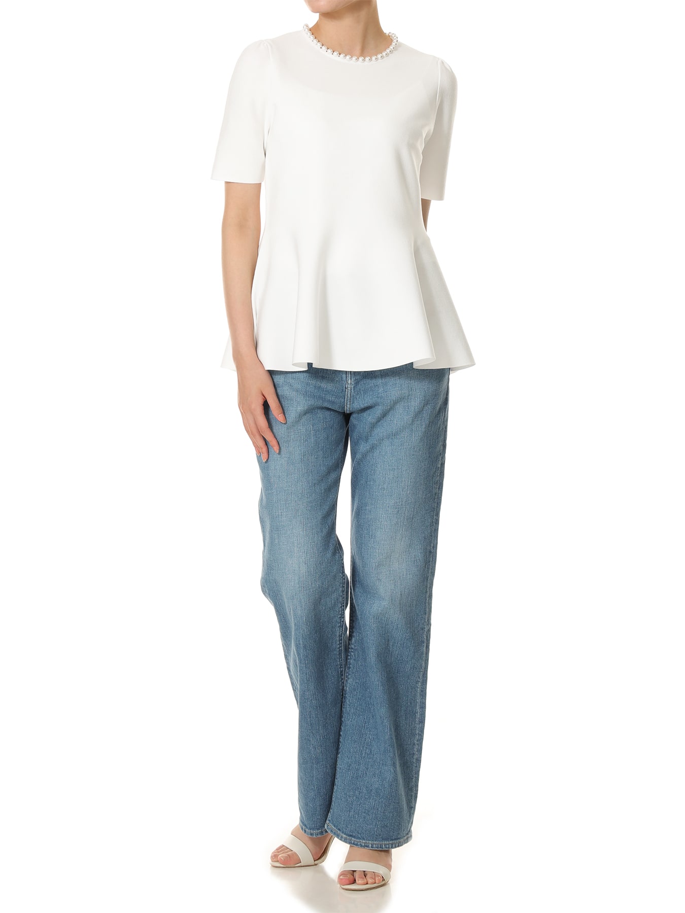 パールネックラインペプラムニットプルオーバー