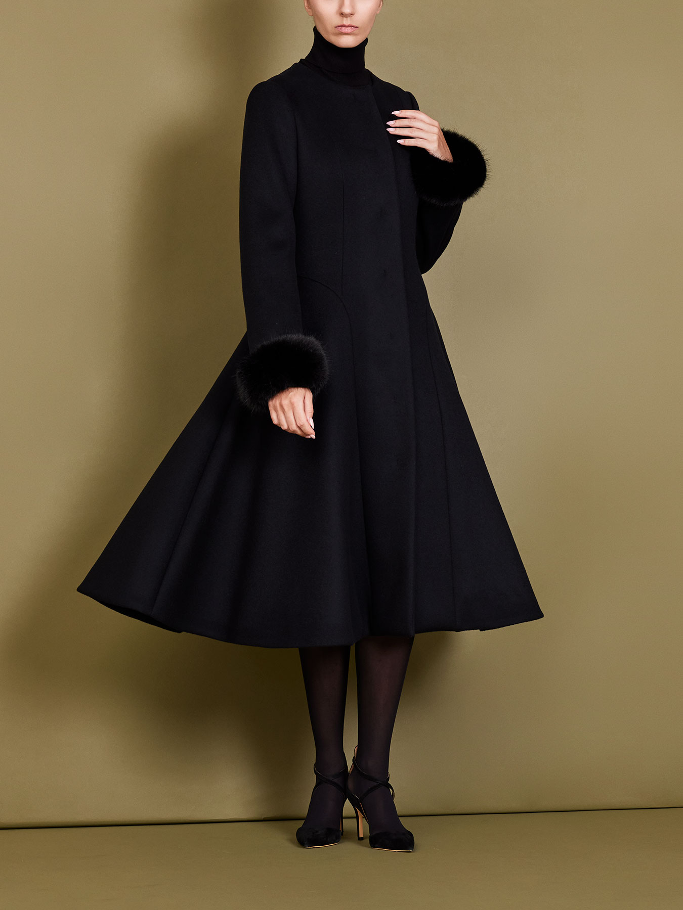 Super170'sエコファーカフスフレアロングコート