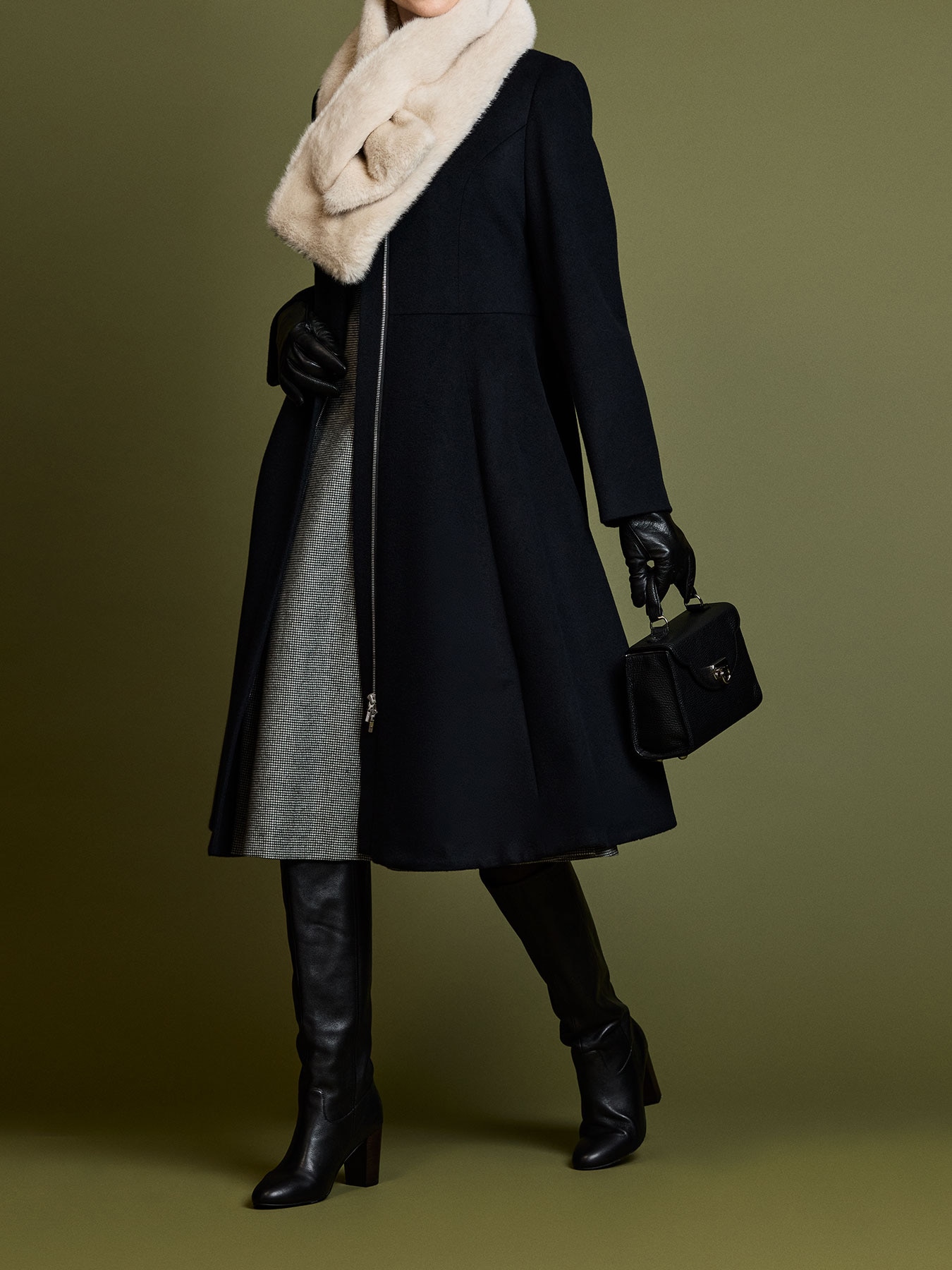 ウールカシミヤノーカラーロングフレアコート