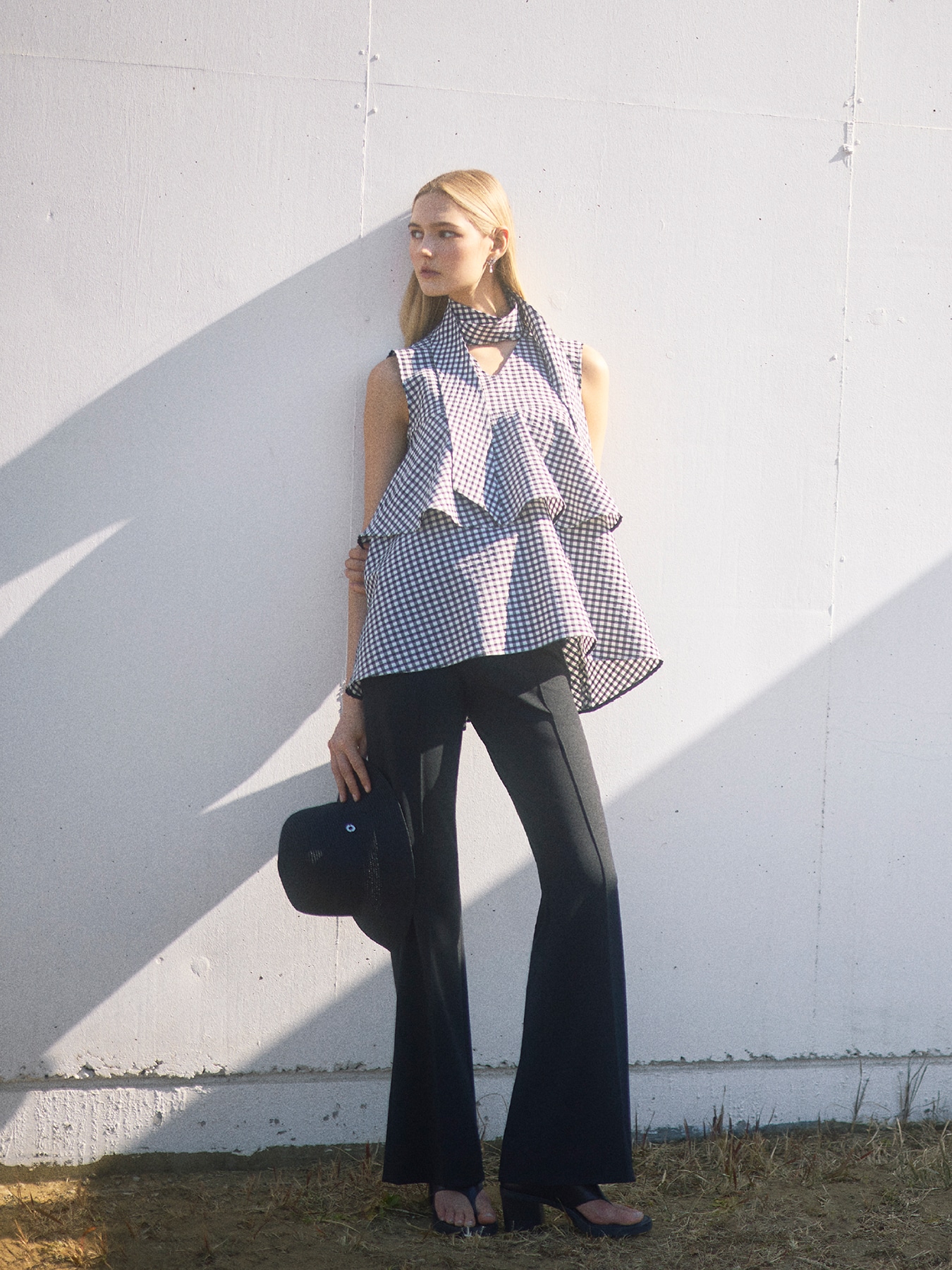 ギンガムチェックリボンティアードブラウス