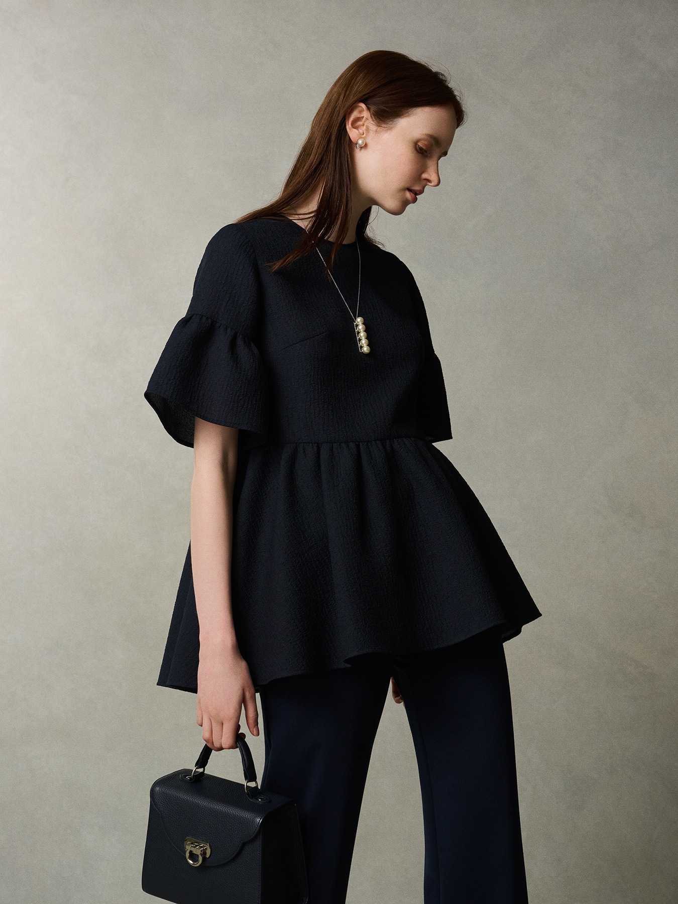 オーガンジージャガード切替デザインブラウス