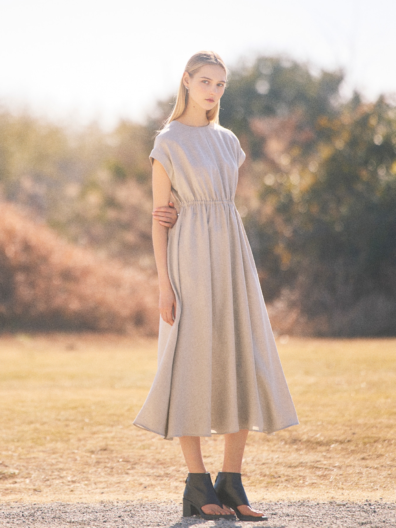 リネンライクウエストゴムワンピース