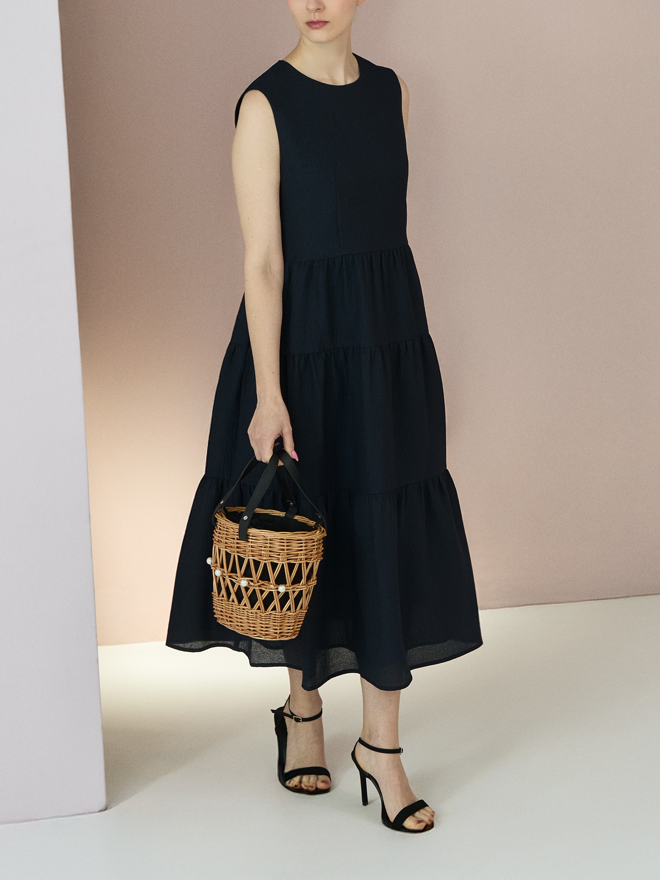 オーガンジージャガードギャザー切替ワンピース