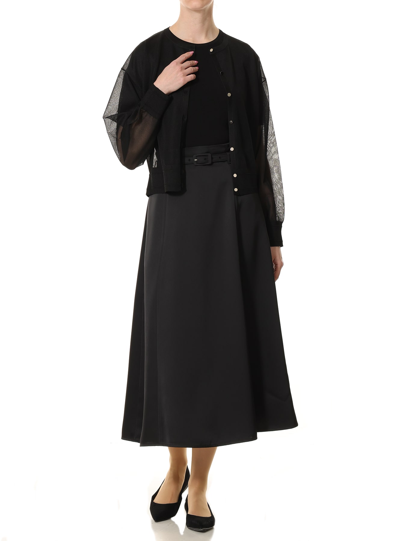 クルーネックドロップショルダーシアーカーディガン